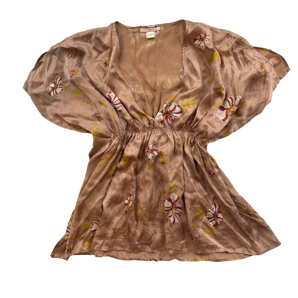 vtg deep v plunge neckline dolman sleeve cinched waist top bat wing 100% silk